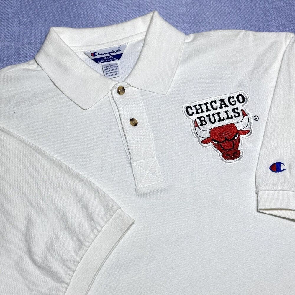 Champion NBA Chicago Bulls Embroidered Logo White Cotton Polo Shirt Men's Large